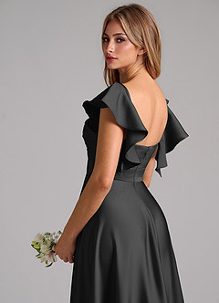 Azazie Leilani Bridesmaid Dresses Black A-Line Ruched Stretch Satin Dress image9