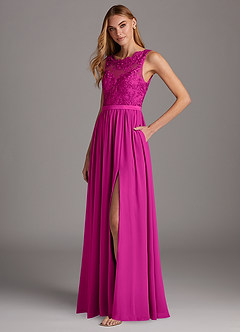 Azazie Elly Bridesmaid Dresses Fuchsia A-Line Lace Scoop Neck Chiffon Dress image1