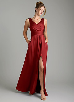 Azazie Karina Bridesmaid Dresses Pomegranate A-Line Pleated Stretch Satin Dress image1