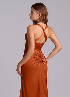 Azazie Amelie Bridesmaid Dresses Burnt Orange A-Line Pleated Stretch Satin Dress image2