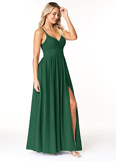 Azazie Dominic Bridesmaid Dresses Dark Green A-Line V-Neck Pleated Chiffon Dress image4
