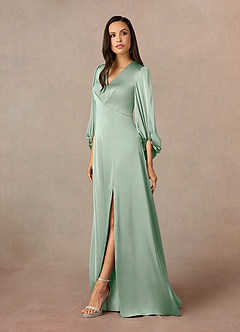 Azazie Luna Mother of the Bride Dresses Agave A-Line Pleated Stretch Satin Dress image8