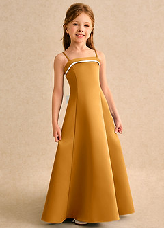 Azazie Izel Girls Formal vestidos de niña de las flores Vestido de Marfil Caramelo de Satin Mate de Corte en A con Plisado image3