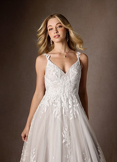 Azazie Delaina Vestidos de novia Vestido de Blanco Diamante Moca de Tul de Corte en A con Lentejuelas cuello pico image9