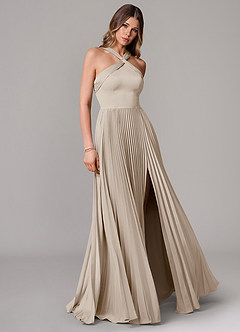 Azazie Afra Robes de demoiselle d'honneur Robe Trapèze en Satin extensible Plissée Givre image1