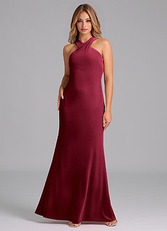 Azazie Doretta At-home Try On Dresses Burgundy Mermaid Pleated Velvet Dress image3