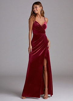 Azazie Maci Bridesmaid Dresses Burgundy Sheath Pleated Velvet Dress image1