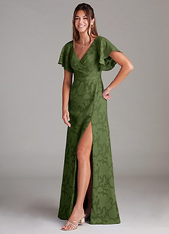 Azazie Ambrosia Bridesmaid Dresses Olive A-Line Pleated Floral Burnout Dress image4