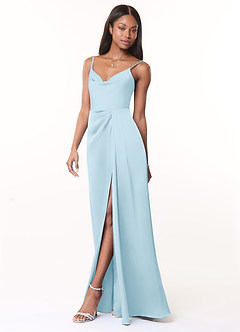 Azazie Brielle Bridesmaid Dresses Sky Blue A-Line Cowl Spaghetti Straps Stretch Satin Dress image3