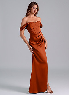 Azazie Asha Bridesmaid Dresses Paprika Sheath Off the Shoulder Stretch Satin Convertible Dress image3
