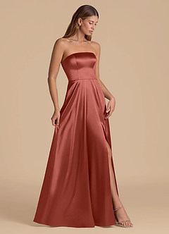 Azazie Wren 신부 들러리 드레스 A라인 스트랩리스 메탈릭 새틴 바닥 길이 드레스 image7