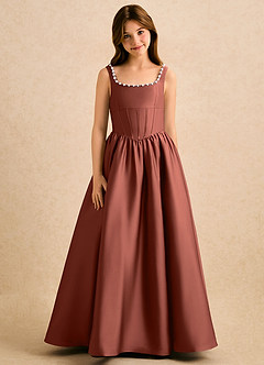 Azazie Enid Girls Formal Blomsterpigekjoler A-Line Perlebesat Stræk satin Gulv-længde Kjole image5