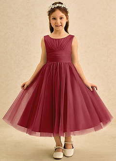 Azazie Macaron Flower Girl Dresses Pomegranate A-Line Pleated Tulle Dress image3