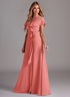 Azazie Lainey Bridesmaid Dresses Coral A-Line with Pockets Chiffon Dress image5
