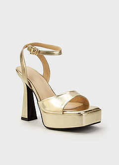 front Metallic Faux Leather Platform Heels