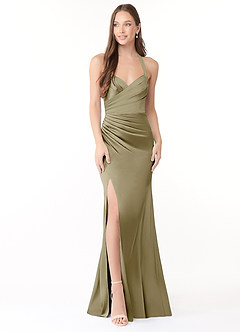 Azazie Emeria Bridesmaid Dresses Moss Green Mermaid Pleated Stretch Satin Dress image1