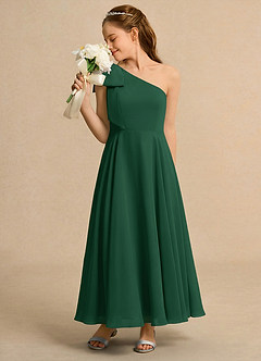 Azazie Guppy Girls Formal Abiti da Ragazza di Fiori Abito A-Line in Chiffon Monospalla Verde Scuro image5