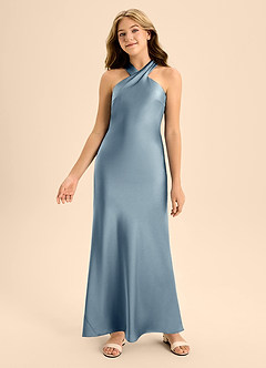 Azazie Doretta Junior Vestido de Azul Polvoriento de Satén Elástico de Corte En A con Plisado image1