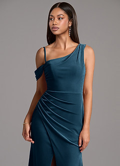 Azazie Madelyn Abiti da Damigella Abito Tubino in Velluto Monospalla Topazio Blu image2