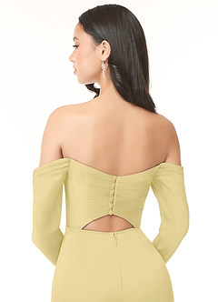 Azazie Hallie Bridesmaid Dresses Lemon Sorbet Sheath Off-The-Shoulder Long Sleeve Stretch Satin Convertible Dress image6