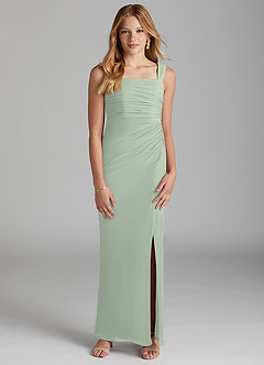 Azazie Jesaphine Junior Vestido de Salvia Polvorienta de Malla de Corte Recto con Plisado image3