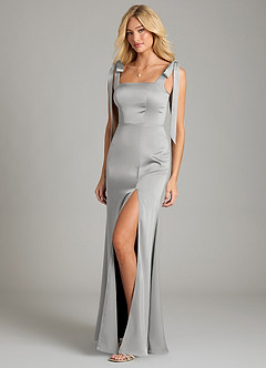 Azazie Frostine Vestidos de damas de honor Vestido de Plata de Satén Elástico de Corte en A con Lazo image1