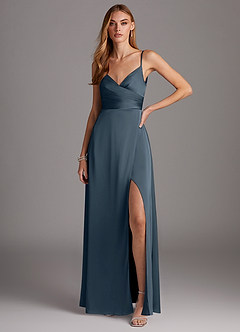 Azazie Calissa Robes de demoiselle d'honneur Robe Trapèze en Satin extensible Col V plissé Violet Crépusculaire image1