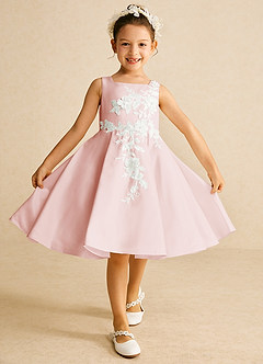 Azazie Kata Flower Girl Dresses Blushing Pink A-Line Lace Matte Satin Dress image2