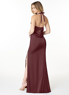 Azazie Myla Bridesmaid Dresses Sangria Sheath Cowl Keyhole Stretch Satin Dress image2