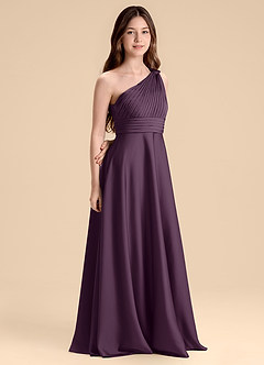 Azazie Charlize Junior Plum A-Line Pleated Stretch Satin Dress image3