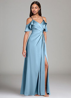 Azazie Dakota Bridesmaid Dresses Steel Blue A-Line Off the Shoulder Stretch Satin Dress image1