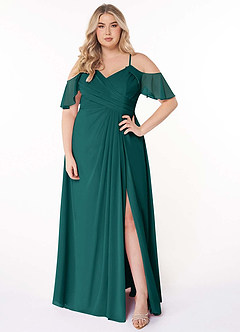 Azazie Dakota Bridesmaid Dresses Peacock A-Line V-Neck Pleated Chiffon Dress image8