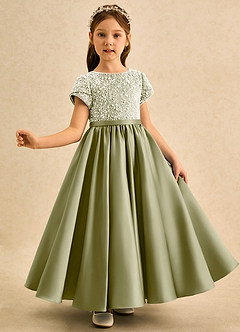 Azazie Cashew Flower Girl Dresses Moss Green Ball-Gown with Sleeves Matte Satin Dress image4
