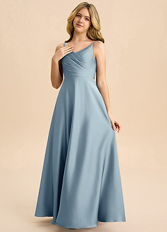 Azazie Bug Junior Abito A-Line in Raso Elasticizzato Plissettato Blu Polveroso image3