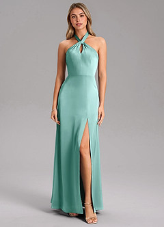 Azazie Tracie Bridesmaid Dresses Aqua A-Line Side Slit Stretch Satin Dress image5