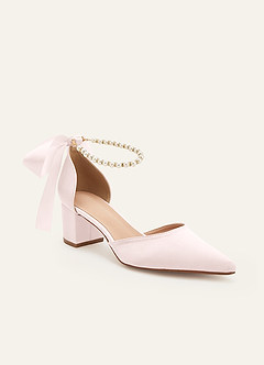 front Matching Color Matte Satin Pearl and Bow Pointed Toe Block Heels