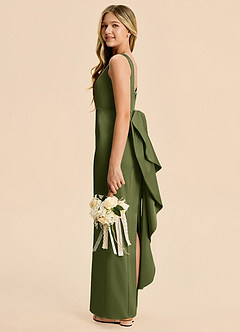 Azazie Emi Junior Olive Sheath Bow Stretch Satin Dress image3