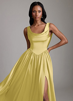 Azazie Novi Robes de demoiselle d'honneur Robe Trapèze en Satin extensible Avec poches Canari image3