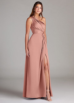 Azazie Brooke Bridesmaid Dresses Rosette A-Line One Shoulder Stretch Satin Dress image4