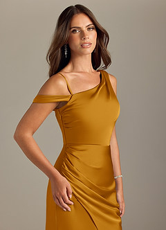 Azazie Madelyn Bridesmaid Dresses Butterscotch Mermaid Off the Shoulder Stretch Satin Convertible Dress image6