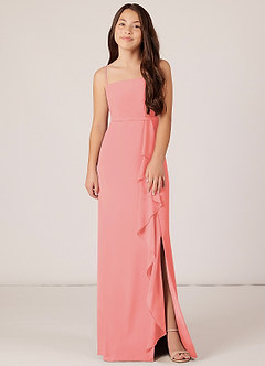 Azazie Kaylee Junior Coral A-Line with Belt Chiffon Dress image1