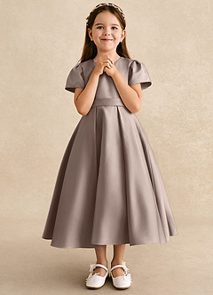 Azazie Princess Flower Girl Dresses Taupe A-Line Pleated Matte Satin Dress image4