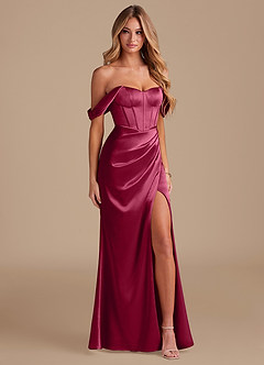 Azazie Asha Bridesmaid Dresses Burgundy Sheath Off the Shoulder Metallic Satin Dress image4