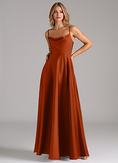 Azazie Elle Vestidos de damas de honor Vestido de Naranja Quemada de Satén Elástico de Corte en A con Plisado image5