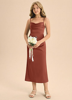 Azazie Mai Junior Osłona Pofałdowany Satyna elastyczna Długość herbaty Młodsza druhna Sukienka image4