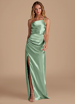 Azazie Eren Bridesmaid Dresses Matcha Sheath One Shoulder Metallic Satin Dress image3