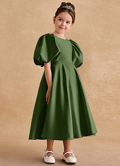 Azazie Sugarplum Robe Demoiselle D'honneur Fillette Robe Trapèze en Mat Satiné avec manches Olive image6
