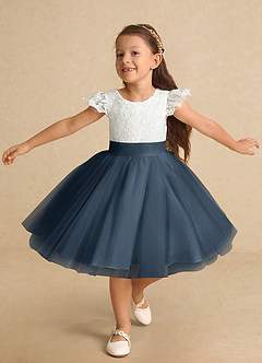 Azazie Vetty vestidos de niña de las flores Vestido de Marfil Azul Petróleo de Tul de Corte En A con Encaje image5
