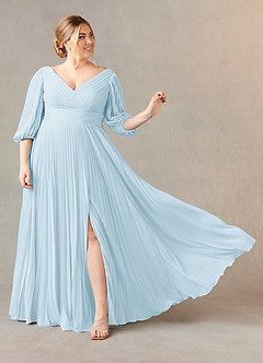 Azazie Zahara Mère de la mariée Robes Robe Trapèze en Mousseline de soie Col V plissé Bleu Ciel image7