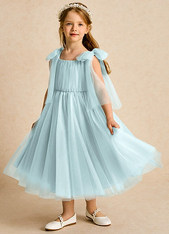 Azazie Dori Robe Demoiselle D'honneur Fillette Robe Trapèze en Tulle Rayé Brume image5